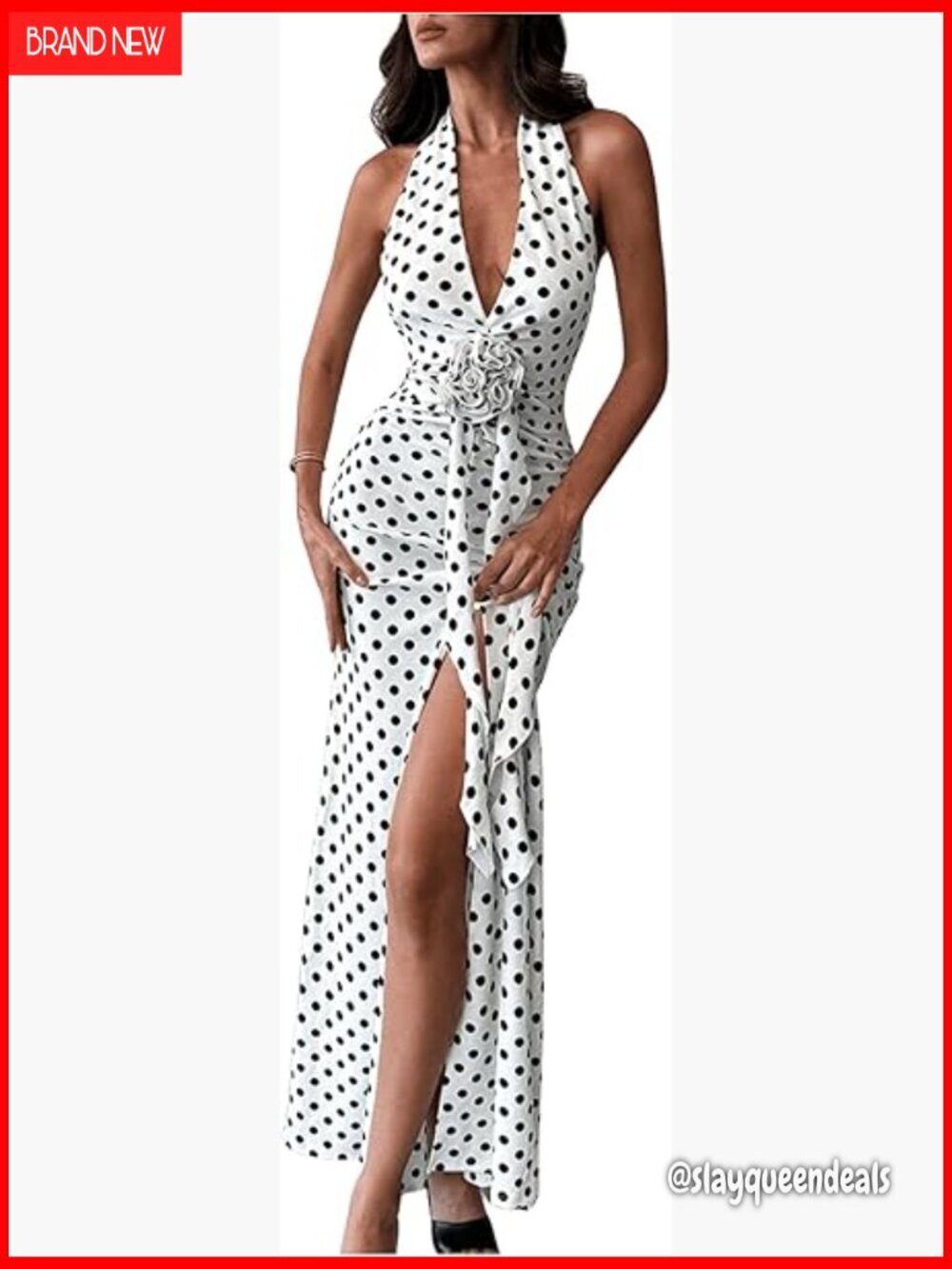 Polka Dot Maxi Dress Halter Backless Bodycon High Slit Party Dress